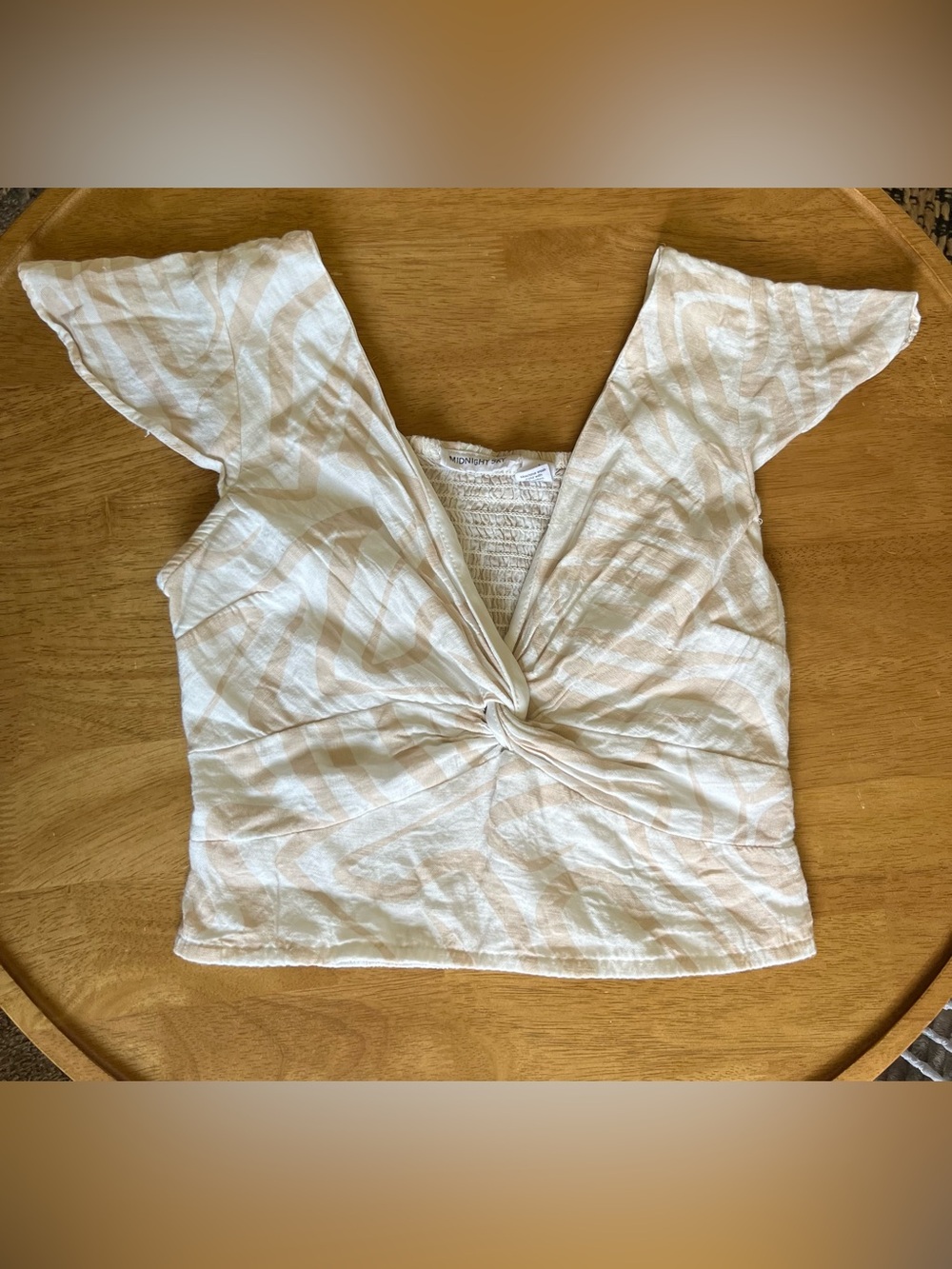 Midnight Sky L Ivory Rayon Linen Blend Twist Front Flutter Sleeve Boho Blouse
